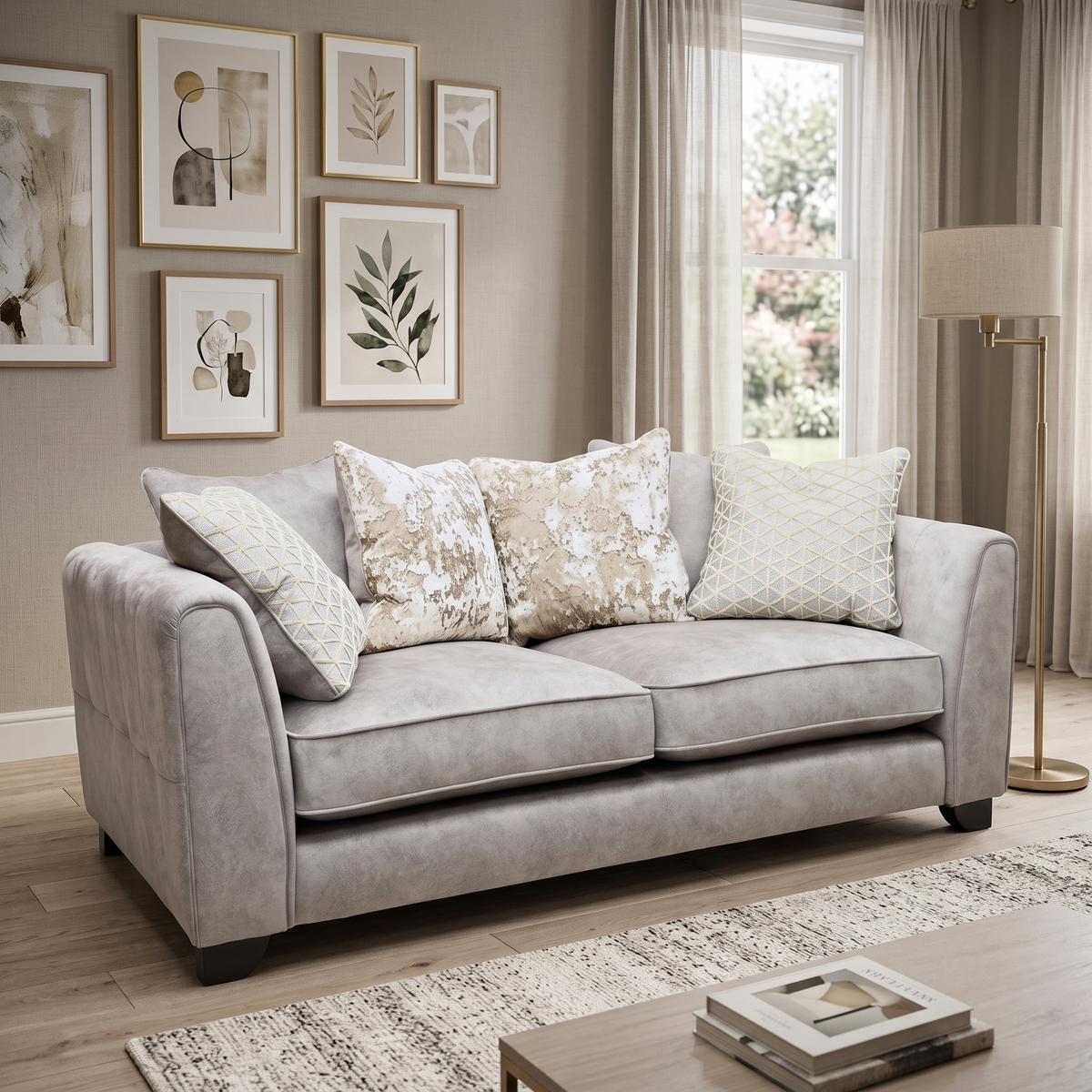 Mariah Dapple Silver-Tri Brass Insert Velvet Fabric 3 Seater Scatter Back Sofa – view 2