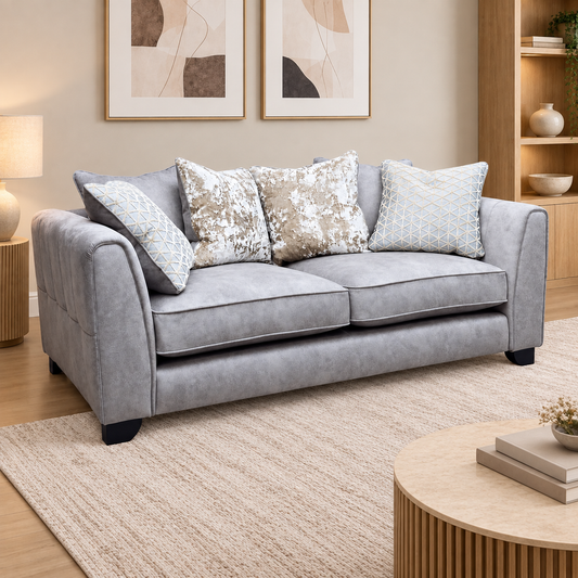 ‘Mariah’ Dapple Silver-Tri Brass Insert Velvet Fabric 3 Seater Scatter Back Sofa