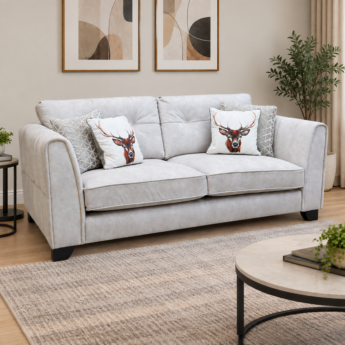 ‘Mariah' Dapple Ivory-Tri No Insert Velvet Fabric 3 Seater Classic Back Sofa