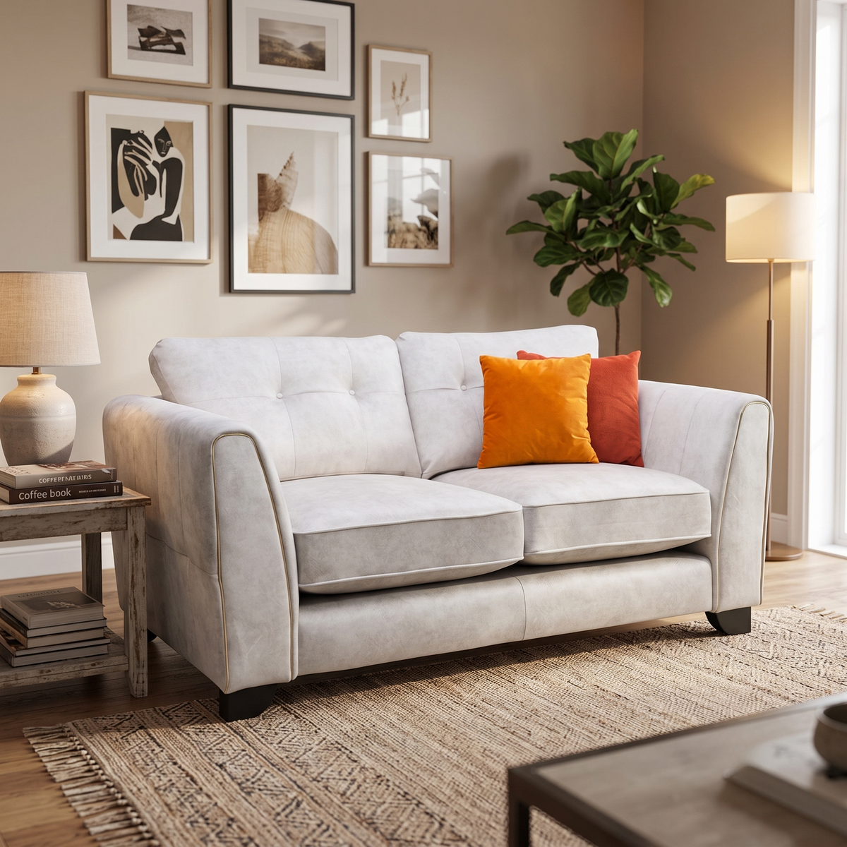 'Mariah' Dapple Ivory-Tri Brass Insert Velvet Fabric 2 Seater Classic Back Sofa