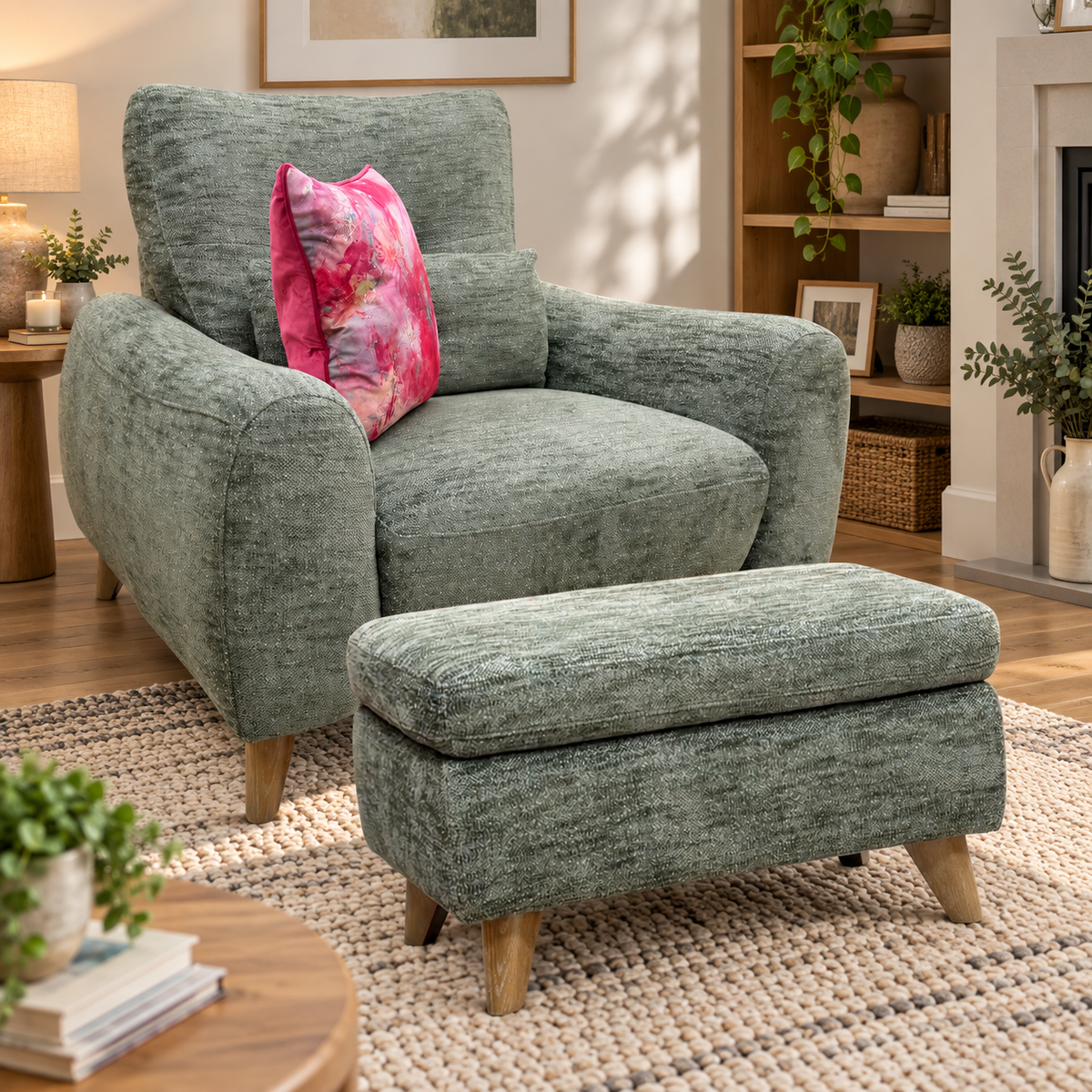 'Malmo' Fab-Mga-R11 Olive Green Fabric Chair + Storage Footstool Set