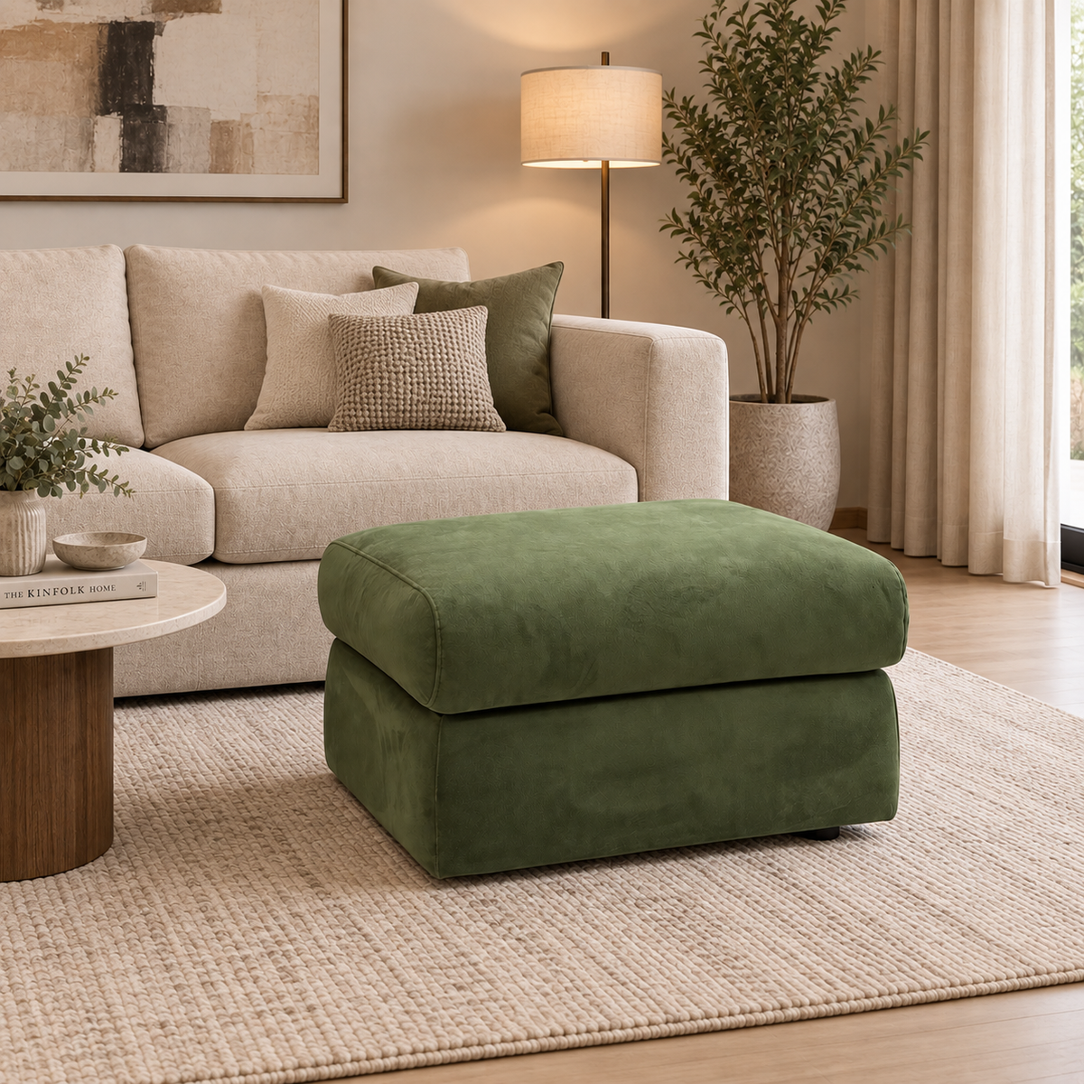 G Plan 'Kingsbury' A902 Plush Vine Green Velvet Fabric Storage Footstool