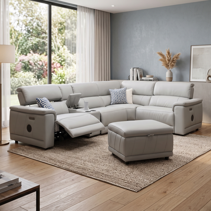 'Genius' Oslo Light Grey Leather Power Recliner Small Corner Sofa with Power Headrests, Bluetooth Speakers, Media Console and Large Storage Footstool