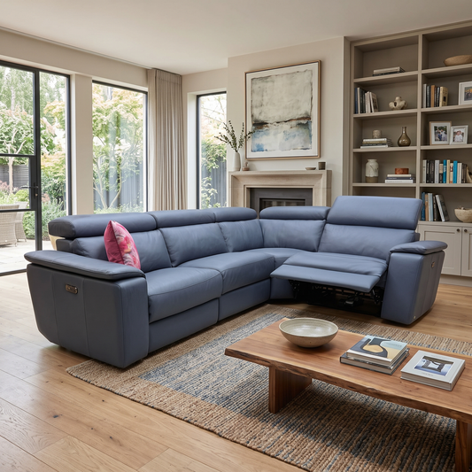 Nicoletti 'Davide' 81 Torello Blu Leather Small Power Recliner Corner Sofa