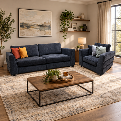Bellissimo mirage black fabric 4 seater sofa and armchair in a living room with a rectangular wooden coffee table