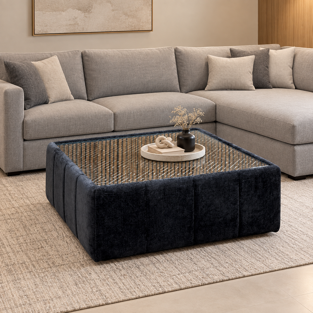 'Belissimo' Mirage Black - Bell Black_Gold Patterned Fabric Square Glass Top Table