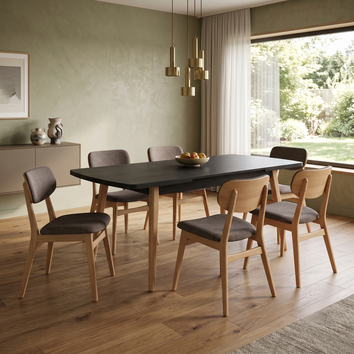 'Magda’ Black Solid Oak Large Extending Dining Table with Light Oak Legs