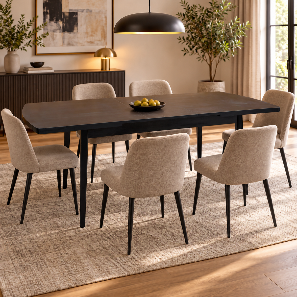 Magda black oak extending dining table in a dining room with six beige fabric chairs and a bowl of pears