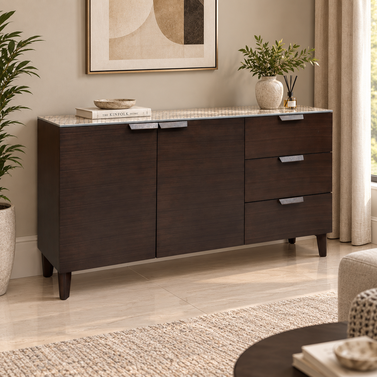 'Axton' Ceramic Top Latte Brown Wooden 2 Door 3 Draw Sideboard