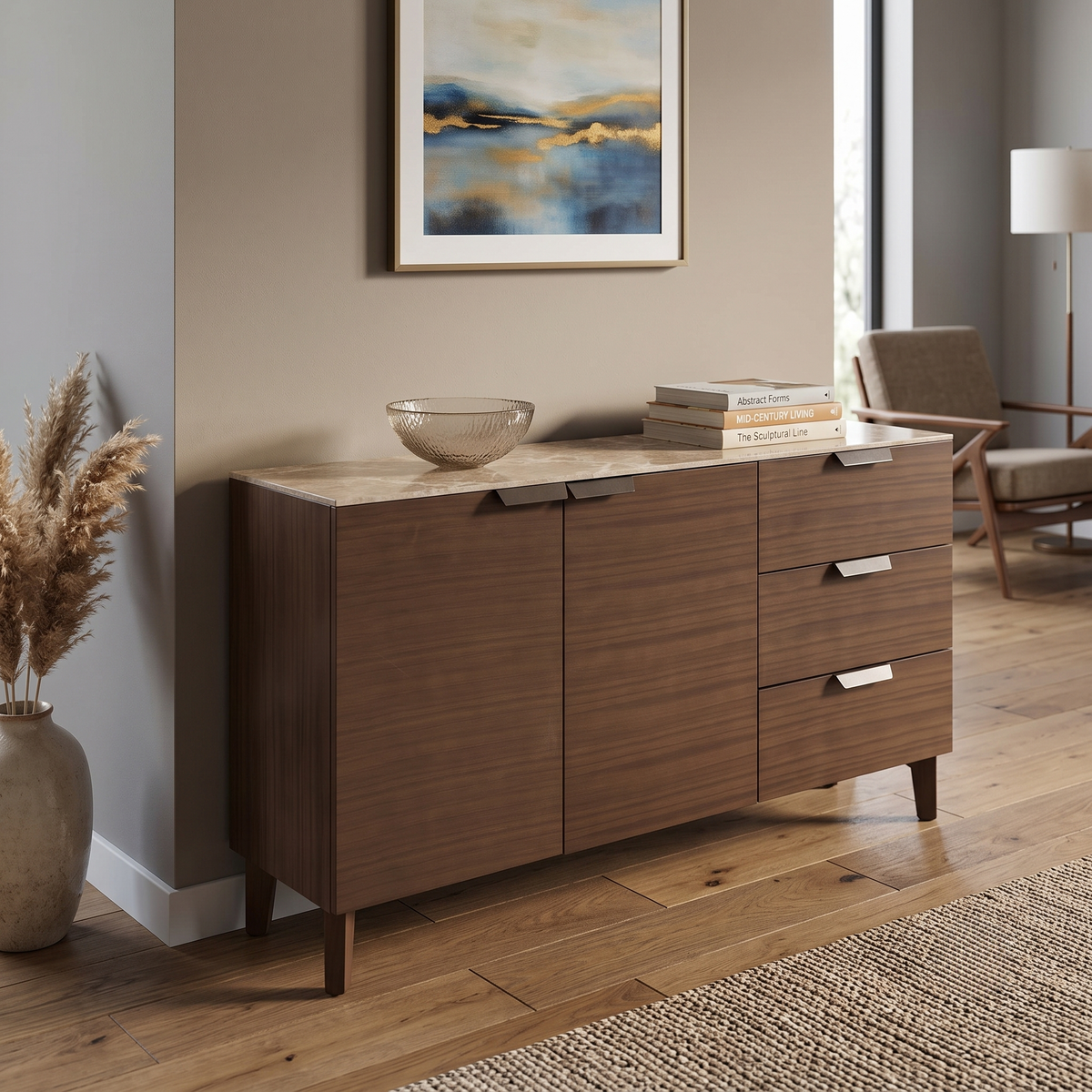 'Axton' Ceramic Top Latte Brown Wooden 2 Door 3 Draw Sideboard