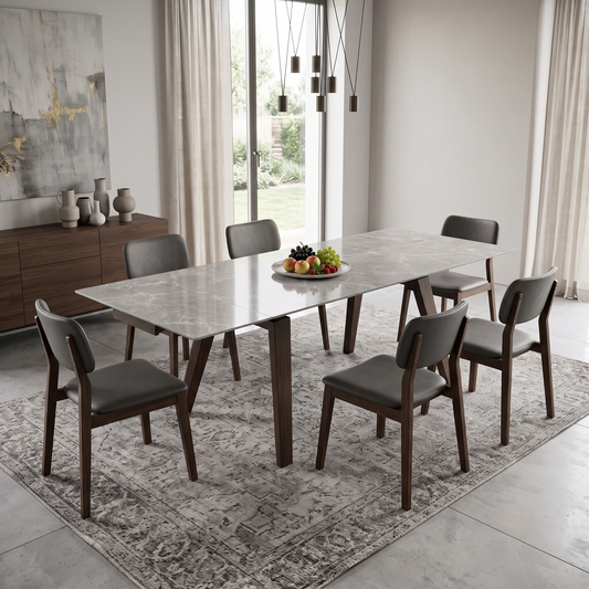 Axton Grey Marble Effect Sintered Stone Top Draw Leaf Extending Dining Table – view 2