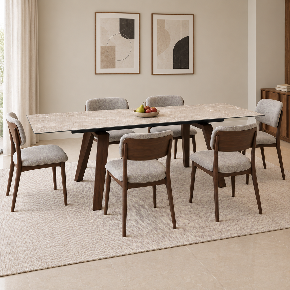 'Axton' Grey Marble Effect Sintered Stone Top Draw Leaf Extending Dining Table