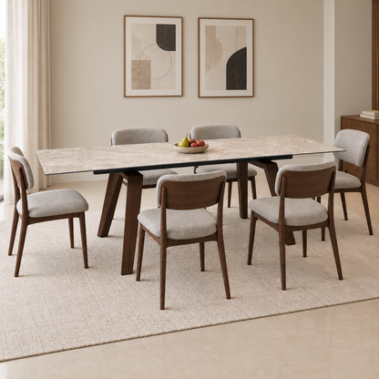'Axton' Grey Marble Effect Sintered Stone Top Draw Leaf Extending Dining Table