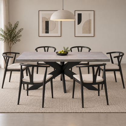 Bodahl ‘Hades’ 8 Vintage Grey Solid Oak Straight Top 180cm Dining Table with Metal Star Base