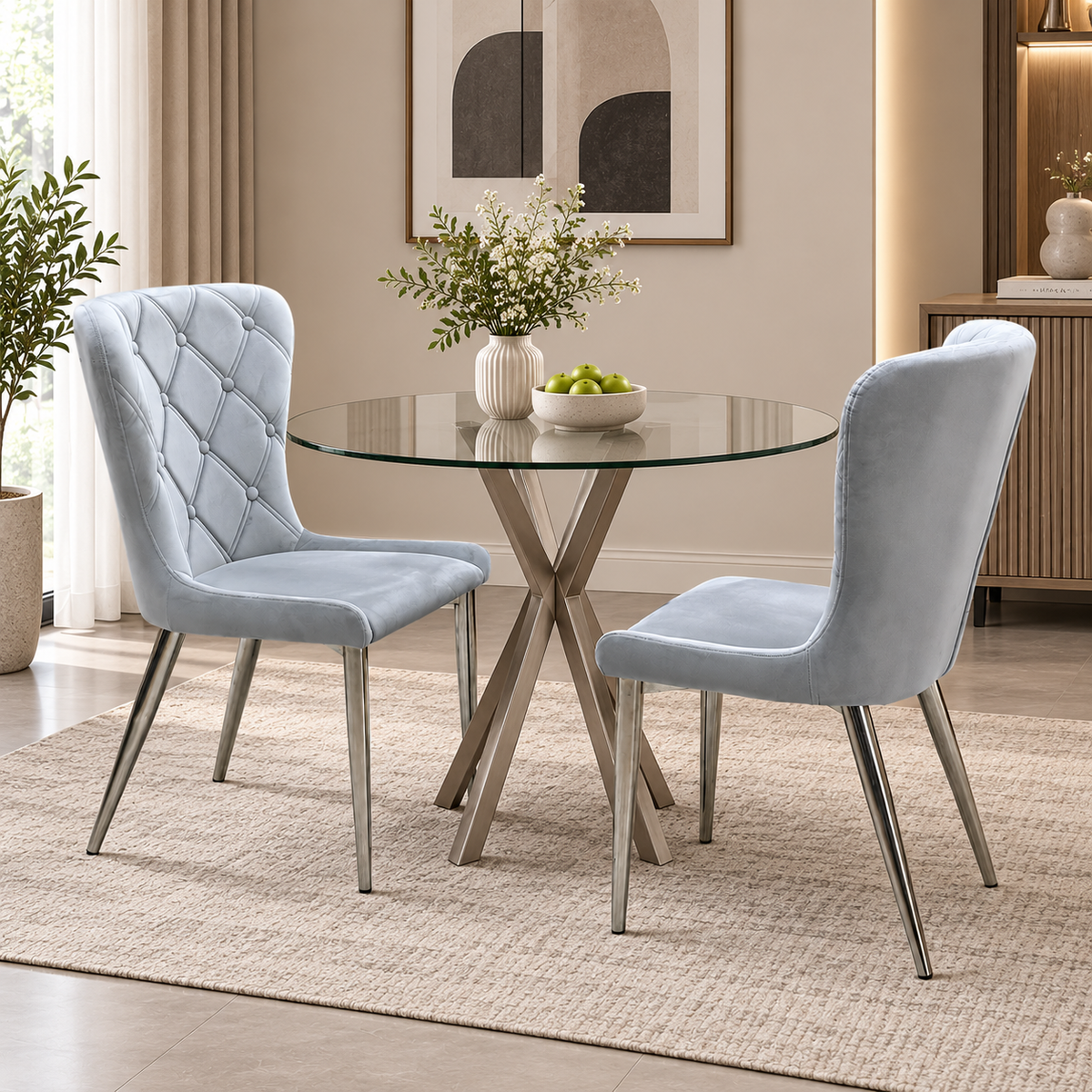 ‘Donnie’ Silver Fabric Set of 2 Button Back Dining Chairs