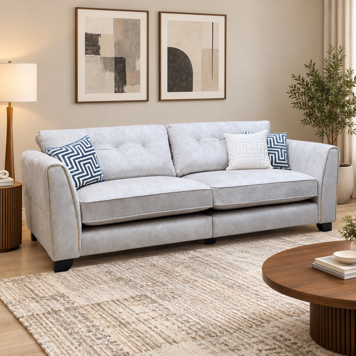 'Mariah' Dapple Ivory-Tri Brass Insert Velvet Fabric 4 Seater Classic Back Split Frame Sofa