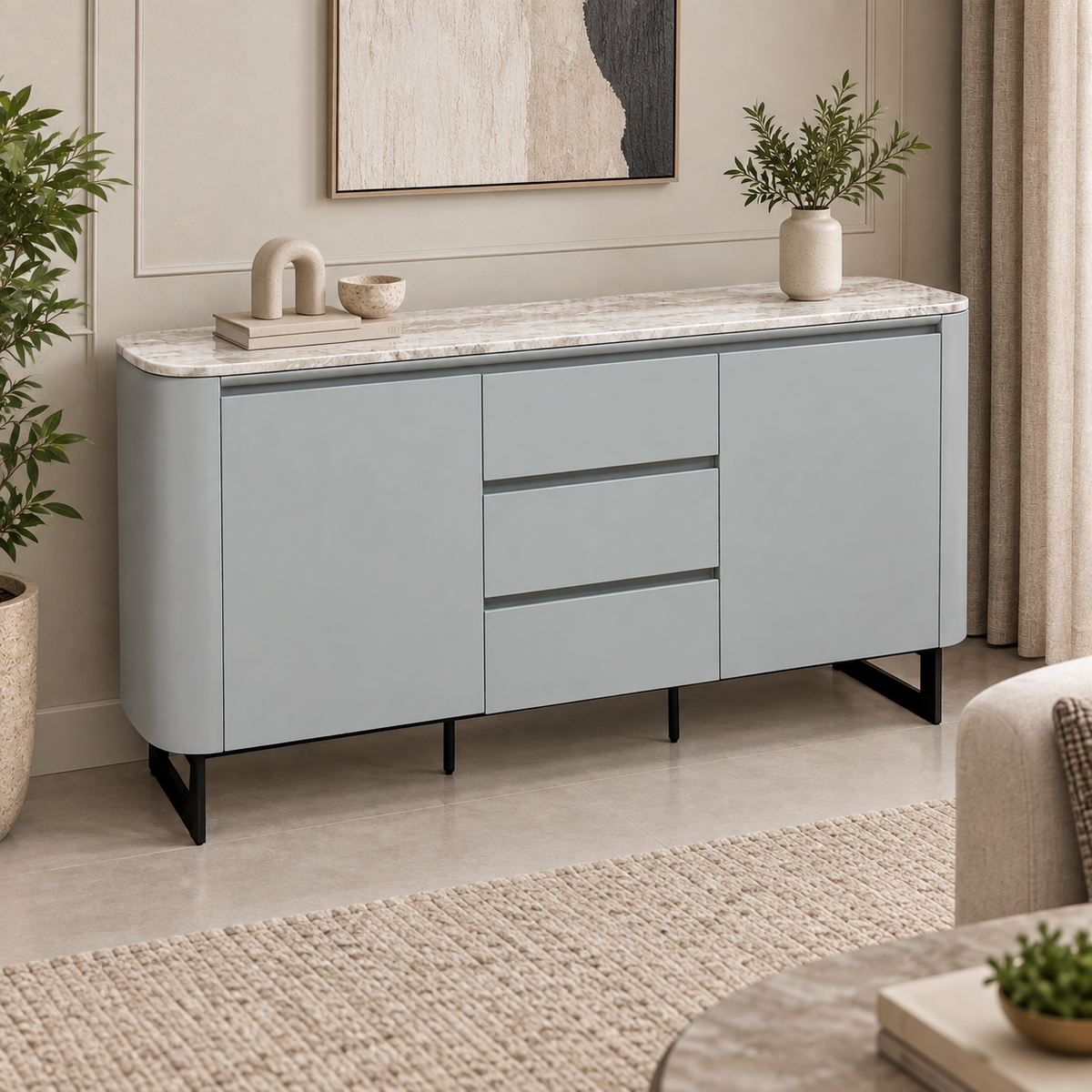 'Camino' White Refined Marble and Ceramic Top 2 Door 2 Drawer Sideboard