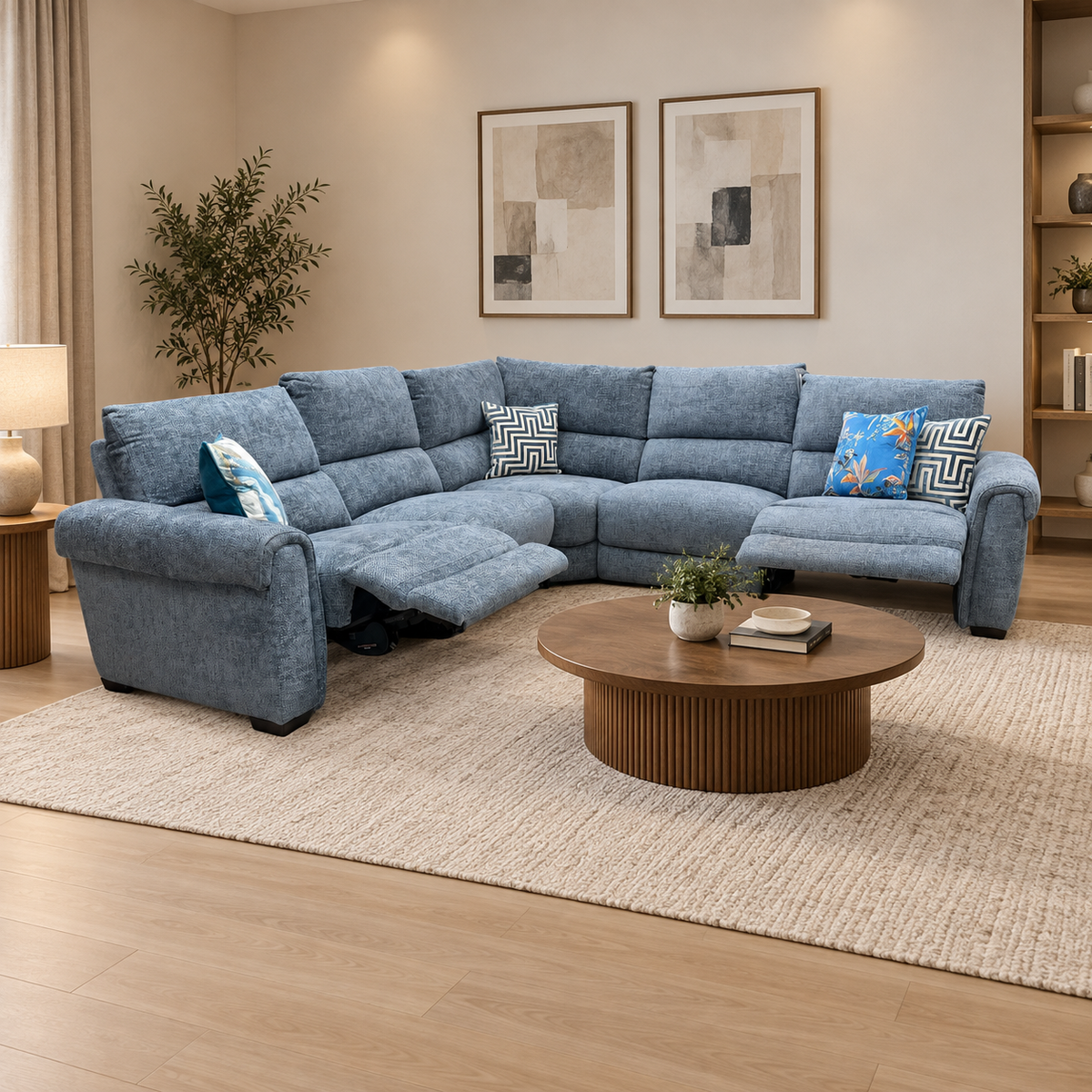 'Nixon' Fab-Coe-R303 Silverish Blue Woven Fabric Large Power Recliner Corner Sofa