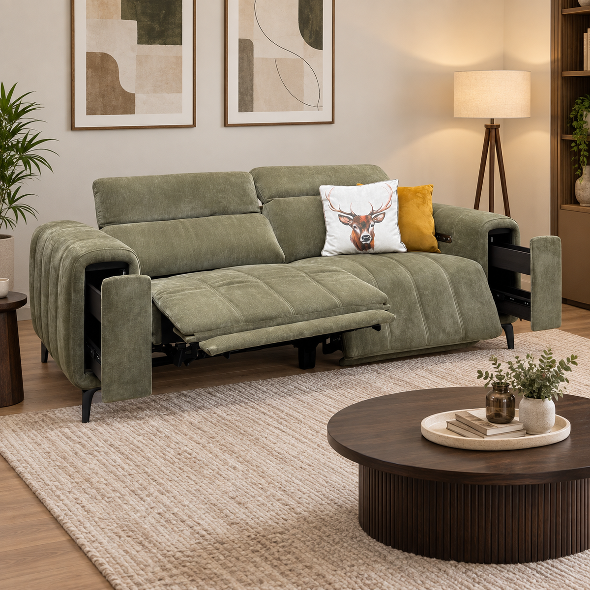 'Elphaba' Manhattan Olive Green Linen Fabric 3 Seater Power Recliner Sofa with Storage Arms