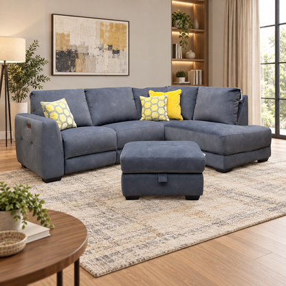 'Dinky’ Dexter Shadow Grey 43519 Velvet Fabric Right Hand Facing Power Recliner Corner Sofa + Large Storage Footstool
