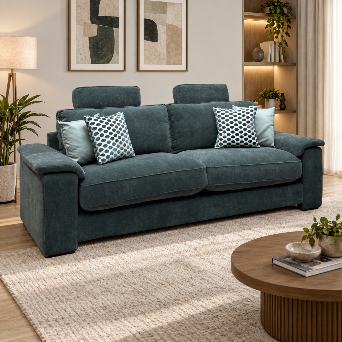 'Boxy' Ansel Moss Green Linen Fabric 250cm Maxi Arm Sofa