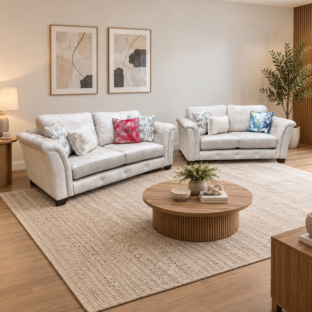 'Aura' Kenzo Cream Dw Ft Velvet Fabric 3 + 2 Seater Classic Back Sofa Set