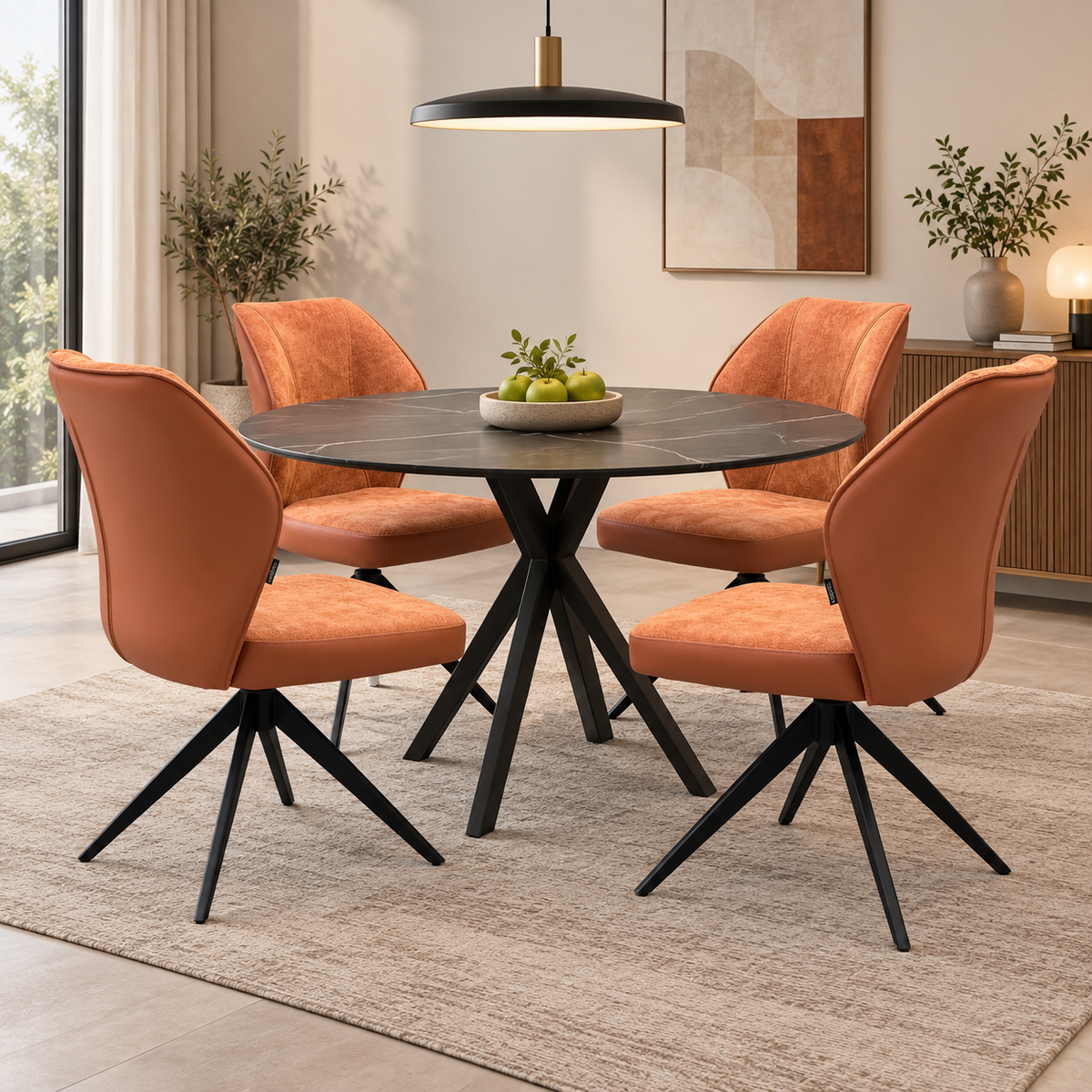 ‘Julio’ Te2 Terracotta Orange Fabric Set of 4 Swivel Dining Chairs