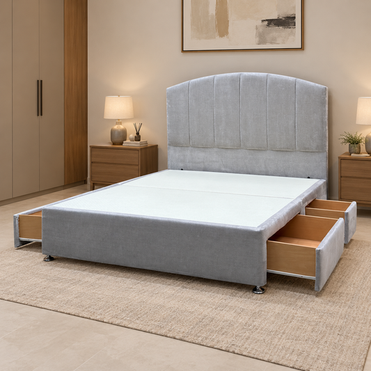 Bow Aston Silver Linen Fabric Floor Standing Headboard + 4 Drawer Continental Base - King – view 2