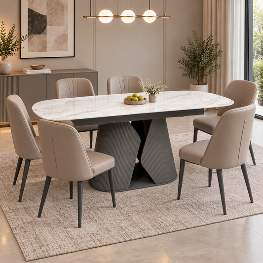 Ivy Neutral Marble Effect Ceramic Top 140cm Extending Dining Table – view 2