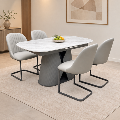 'Ivy' Neutral Marble Effect Ceramic Top 140cm Extending Dining Table with Pale Grey Faux Leather Cantilever Dining Chairs - Set of 4