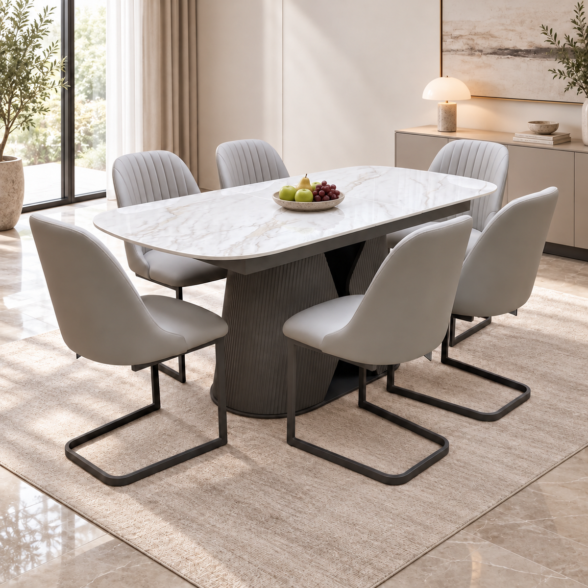 'Ivy' Neutral Marble Effect Ceramic Top 140cm Extending Dining Table + 6 Taupe Faux Leather Cantilever Chairs
