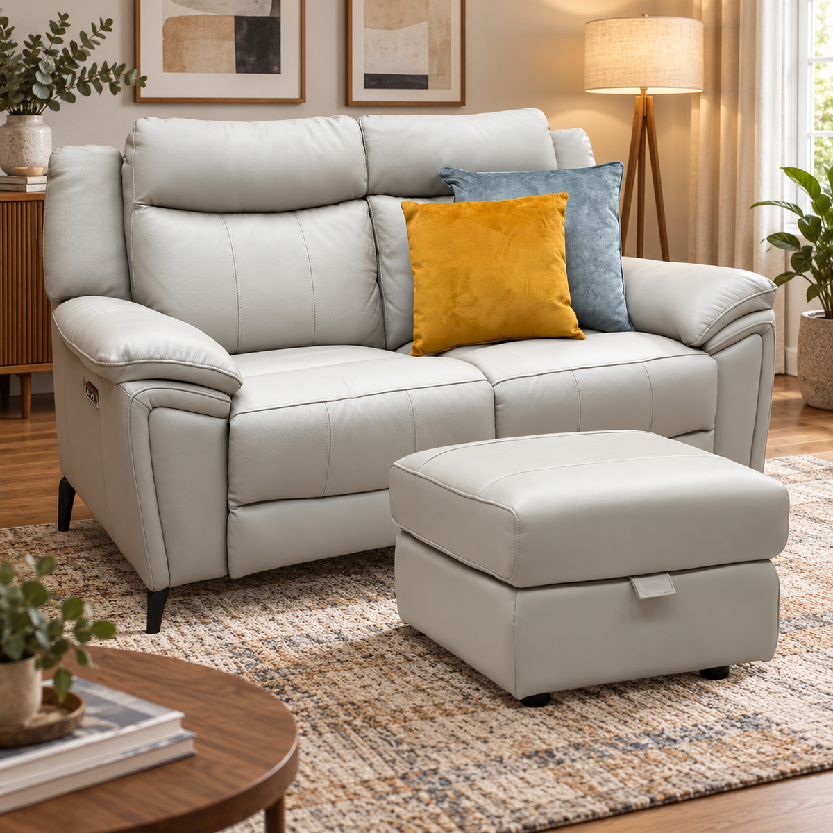 Panache lead grey leather 2 seater power recliner sofa and footstool in a living room with a jute rug