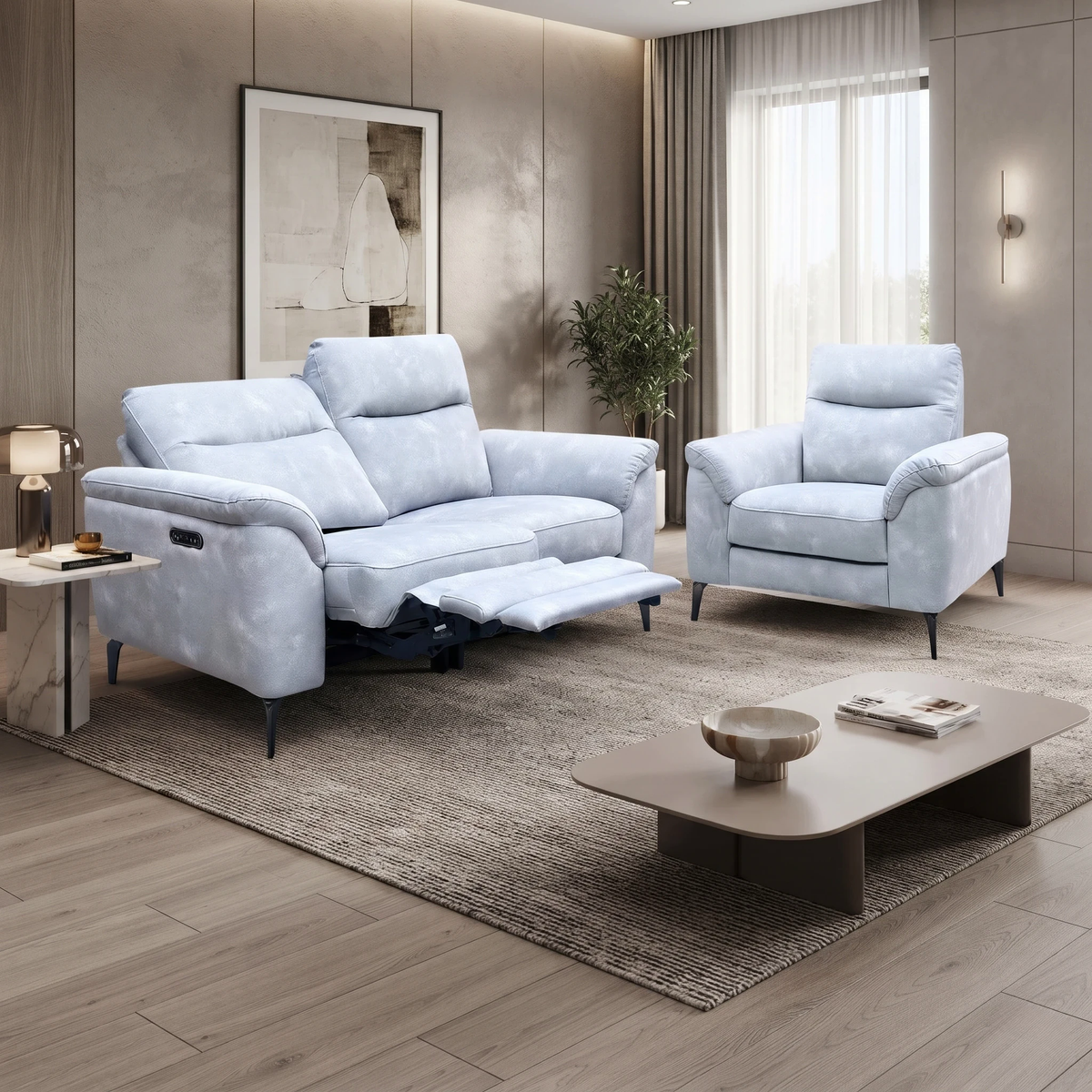 Morgan smoke grey velvet power recliner sofa and armchair set in a living room with a low coffee table