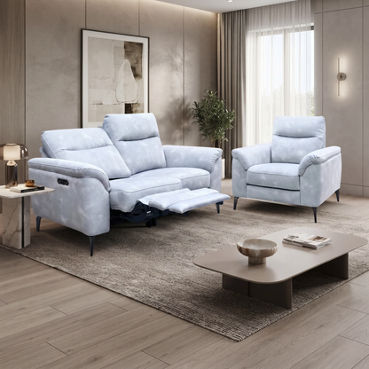 Morgan smoke grey velvet power recliner sofa and armchair set in a living room with a low coffee table