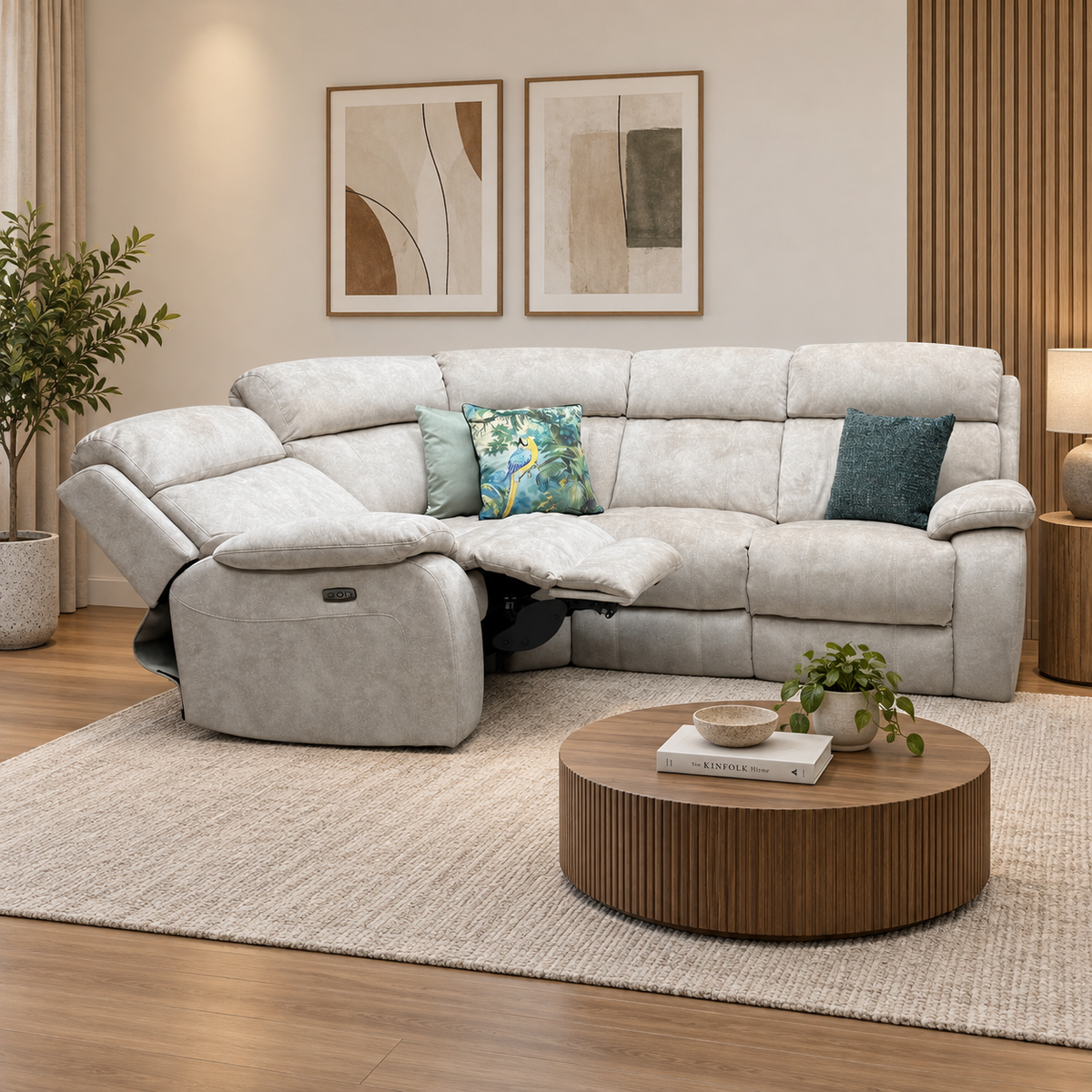 Moreno Bfa-Bnn-R26 Cream Velvet Fabric Left Hand Facing Small Power Recliner Corner Sofa – view 2