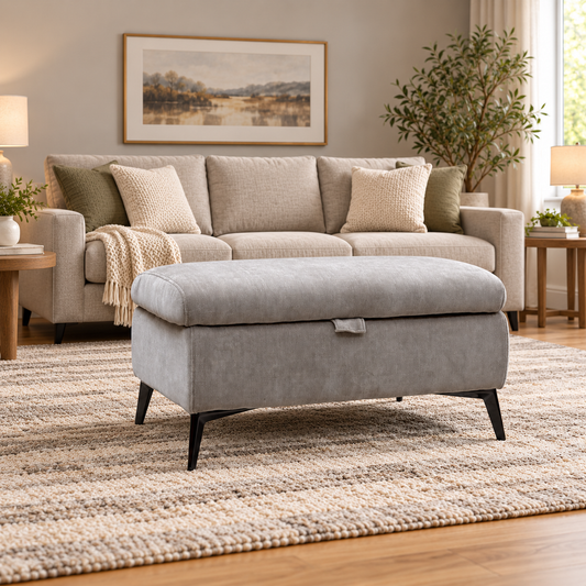 Ezra nutmeg linen storage footstool in a living room in front of a cream sofa on a striped woven rug