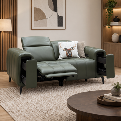 'Elphaba' Oslo Pine Green Leather 2 Seater Power Recliner Sofa with Storage Arms