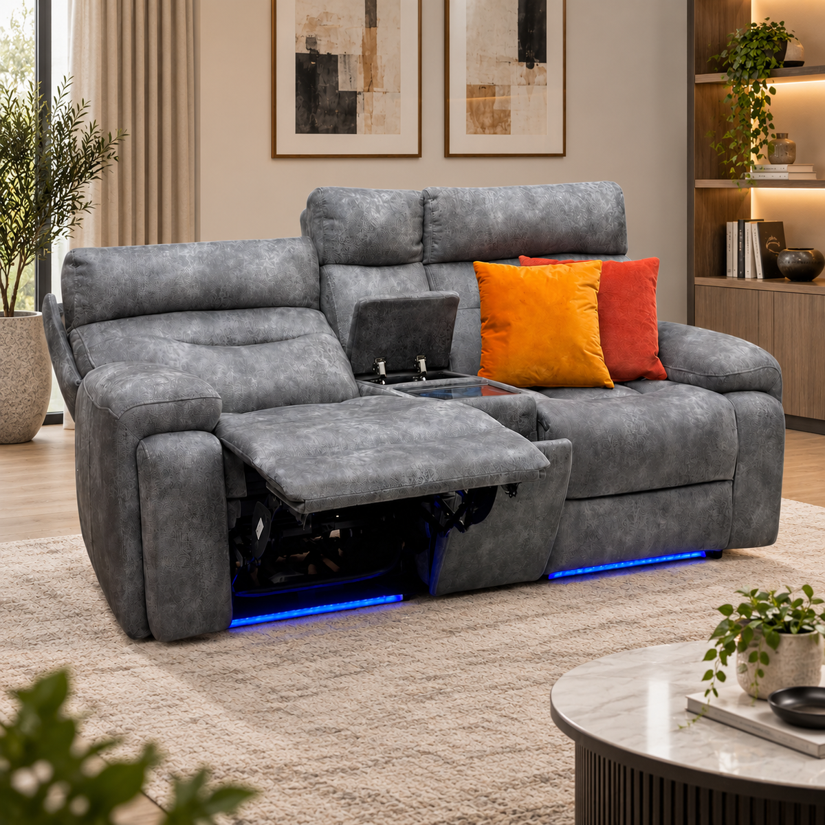 ‘Cinemax’ Marque Seal Grey Mq-0106 Fabric 2 Seater Media Console Power Recliner Sofa with Power Headrests
