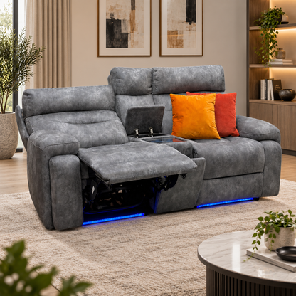 ‘Cinemax’ Marque Seal Grey Mq-0106 Fabric 2 Seater Media Console Power Recliner Sofa with Power Headrests