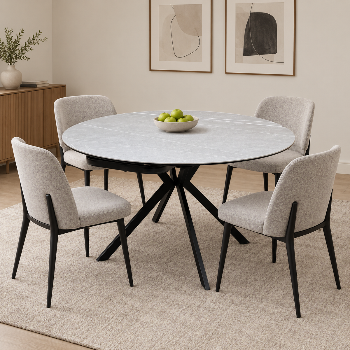 'Quattro' Ash Grey Marble Effect Ceramic Top Extending Swivel Dining Table