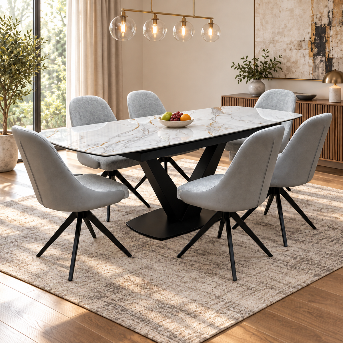 Jose white marble effect dining table and six grey swivel chairs in a dining room with a fruit bowl and pendant lights
