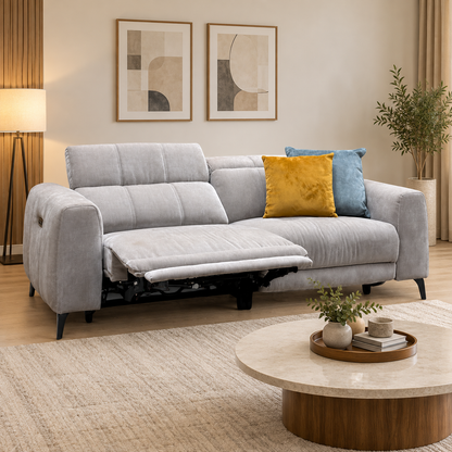 ‘Ezra’ Manhattan Nutmeg Linen Fabric 3 Seater Power Recliner Sofa with Power Headrests