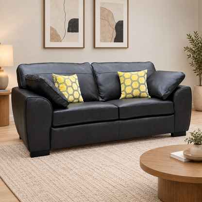 'Sona' Black Italian Leather 3 Seater Sofa