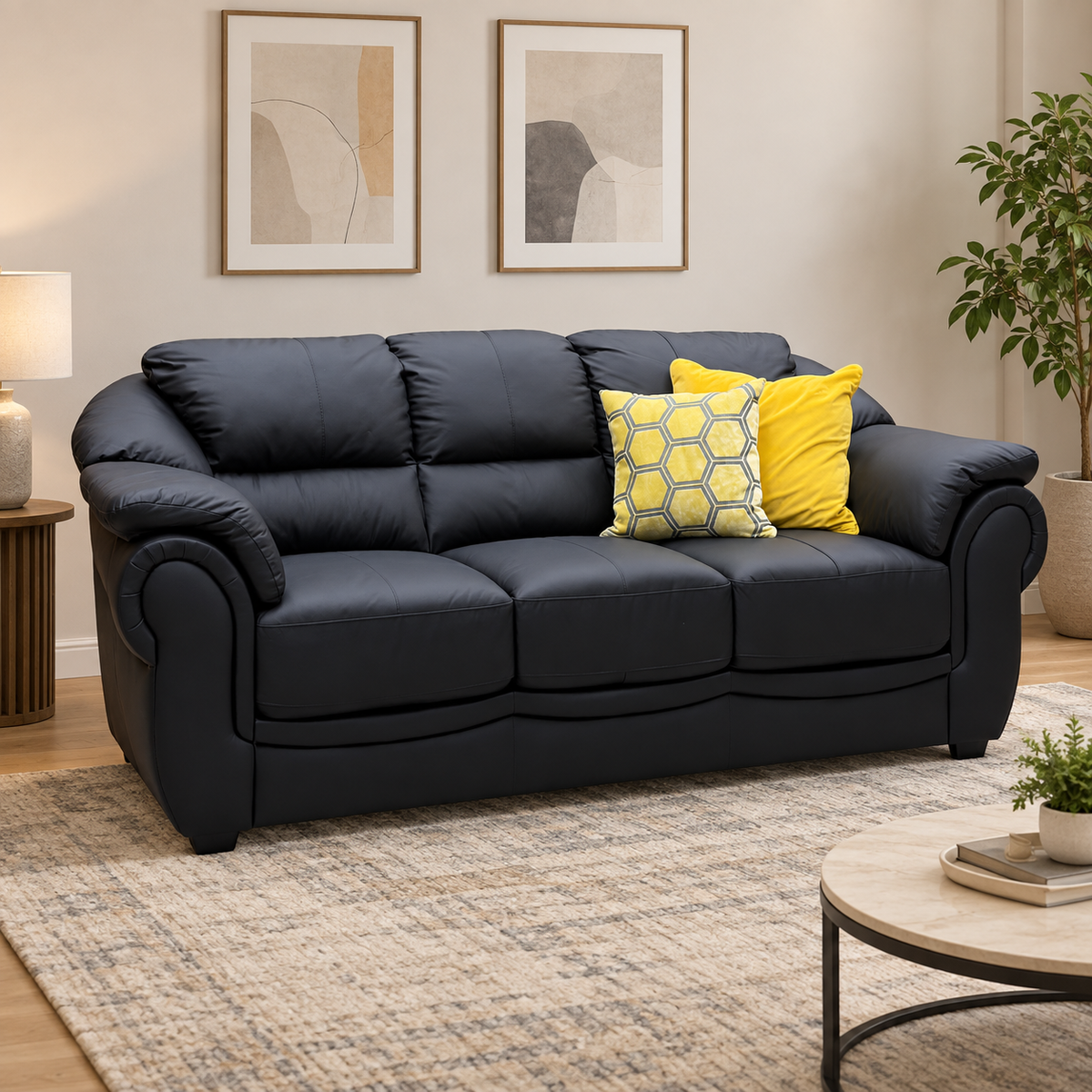 'Naples' Black Italian Leather 3 Seater Sofa
