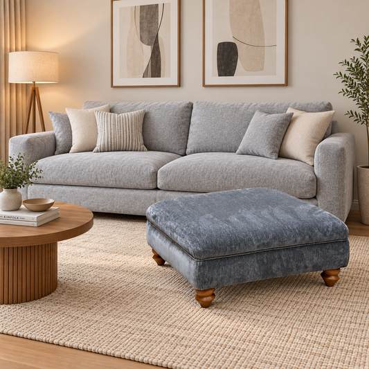 Millie grey chenille fabric square footstool in a living room in front of a light grey sofa on a jute rug