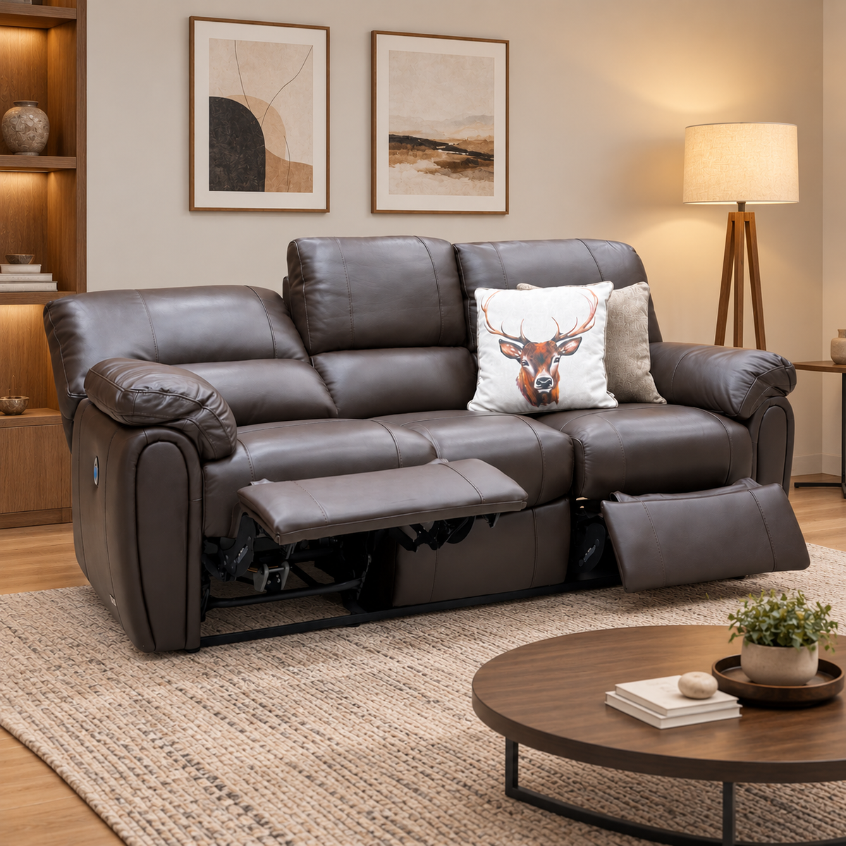Leighton chocolate brown leather 3 seater recliner sofa in a living room with both end seats reclined
