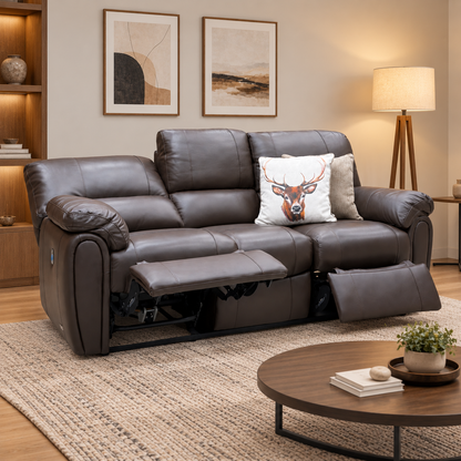Leighton chocolate brown leather 3 seater recliner sofa in a living room with both end seats reclined