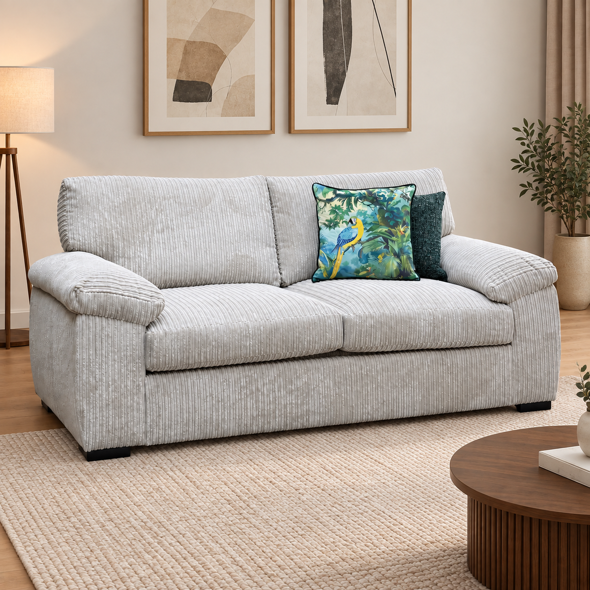 ‘Amalfi' Cream Jumbo Cord Fabric 3 Seater Standard Back Sofa Bed