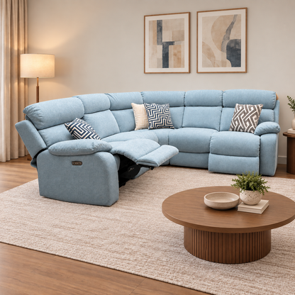 Moreno Fab-Meo-R17 Baby Blue Fabric Large Power Recliner Corner Sofa with Power Headrests – view 2