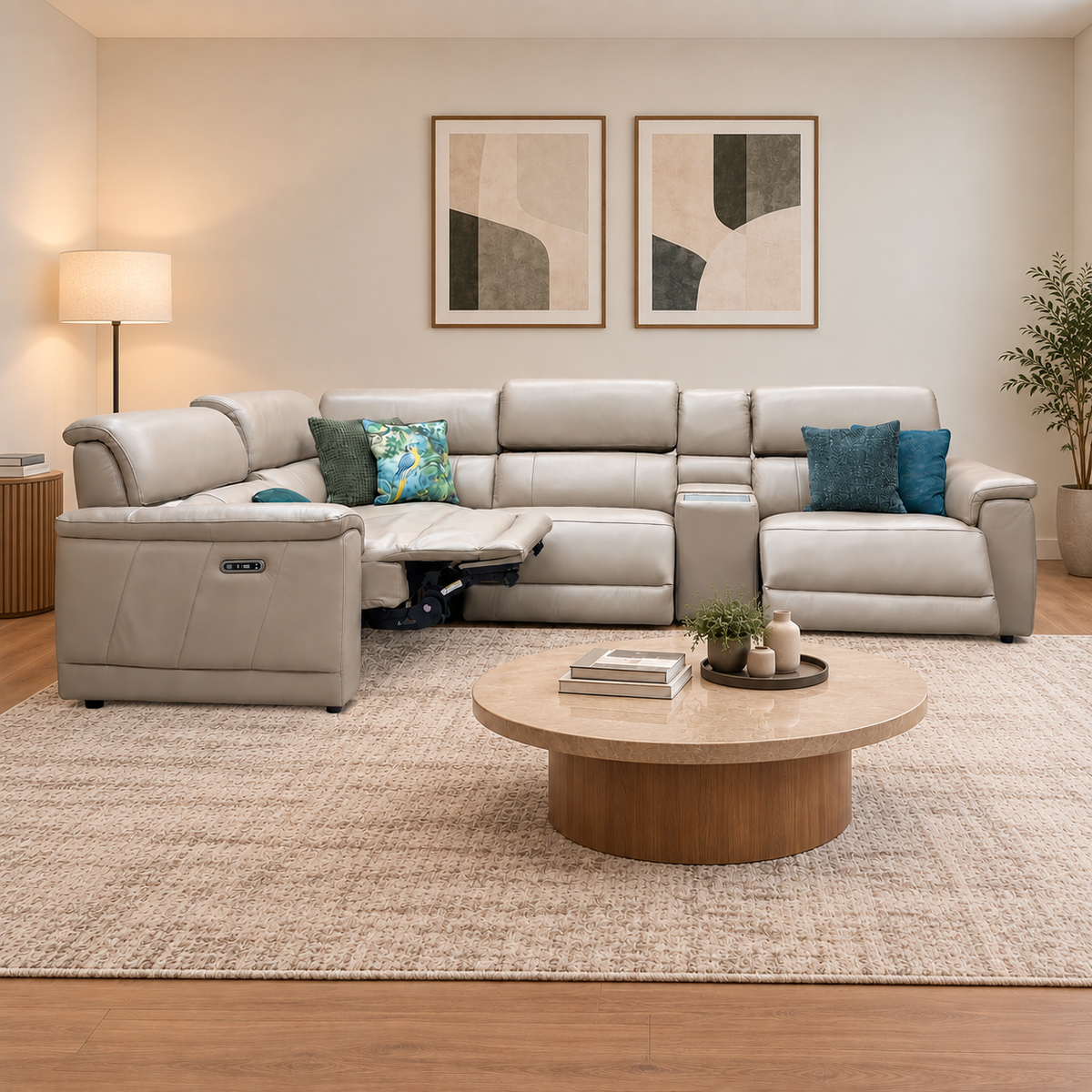 Genius Oslo Oyster Cat-40_08 Leather Power Recliner Media Console Large Corner Sofa with Power Headrests, Power Lumbar – view 2